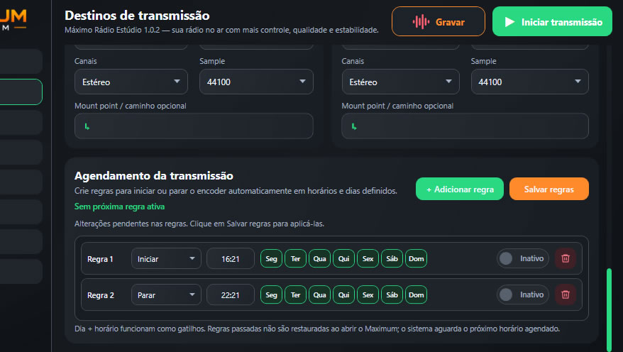 Agendamento automático da transmissão no Maximum Rádio Studio